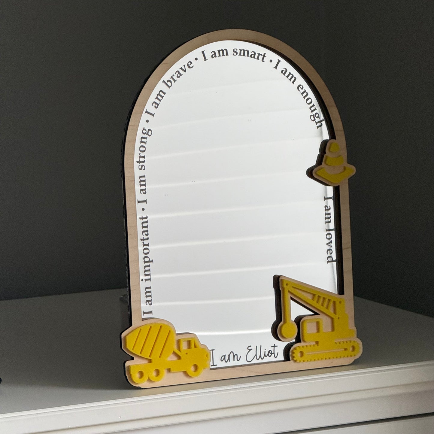Personalised Affirmation Mirror with Construction Design for Child’s Bedroom