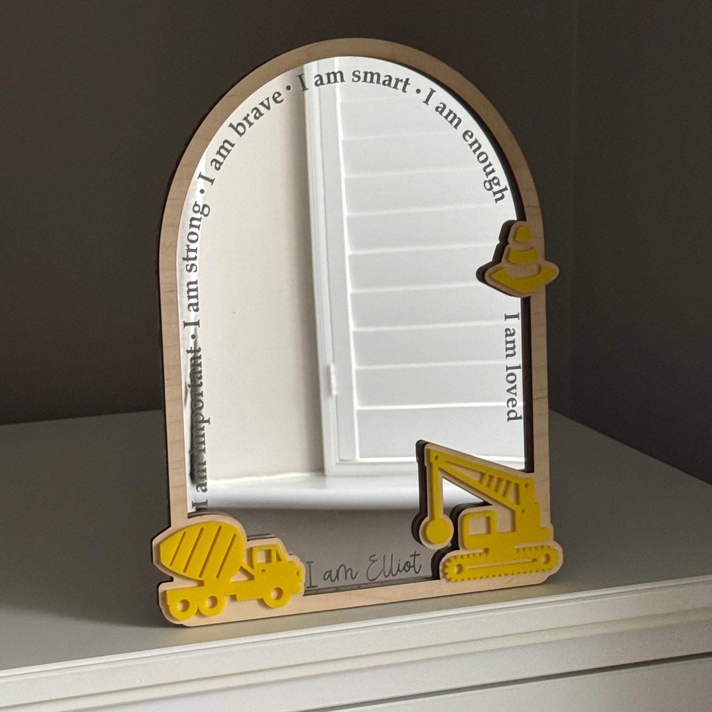 Personalised Affirmation Mirror with Construction Design for Child’s Bedroom