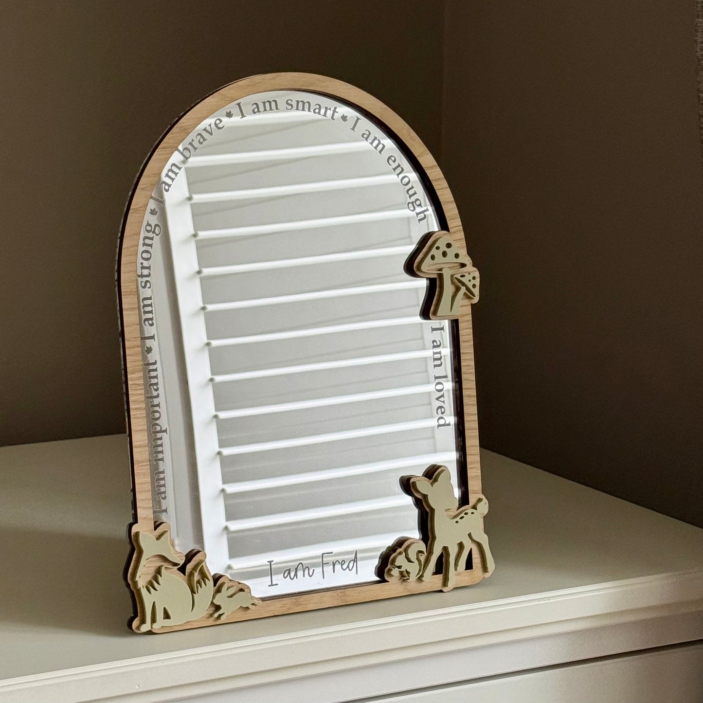 Personalised Affirmation Mirror with Woodland Design for Child’s Bedroom
