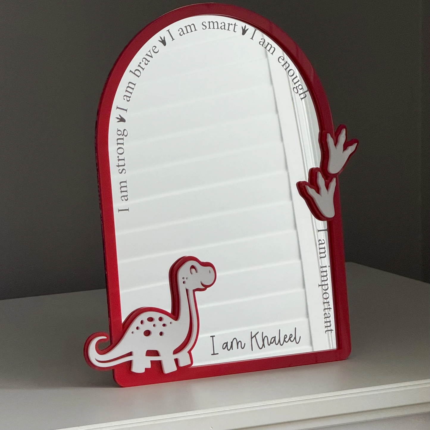 Personalised Affirmation Mirror with Dinosaur Design for Child’s Bedroom