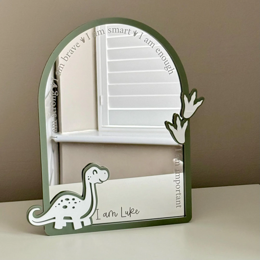 Personalised Affirmation Mirror with Dinosaur Design for Child’s Bedroom