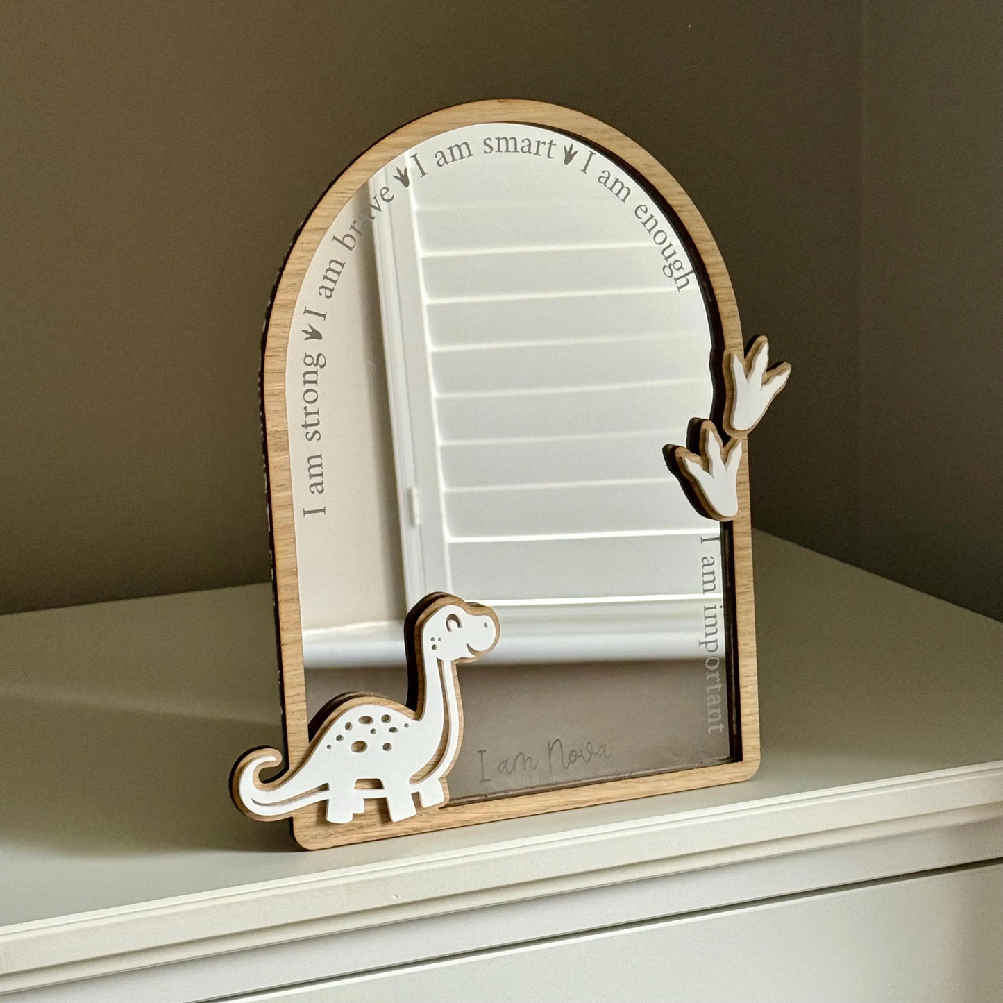 Personalised Affirmation Mirror with Dinosaur Design for Child’s Bedroom