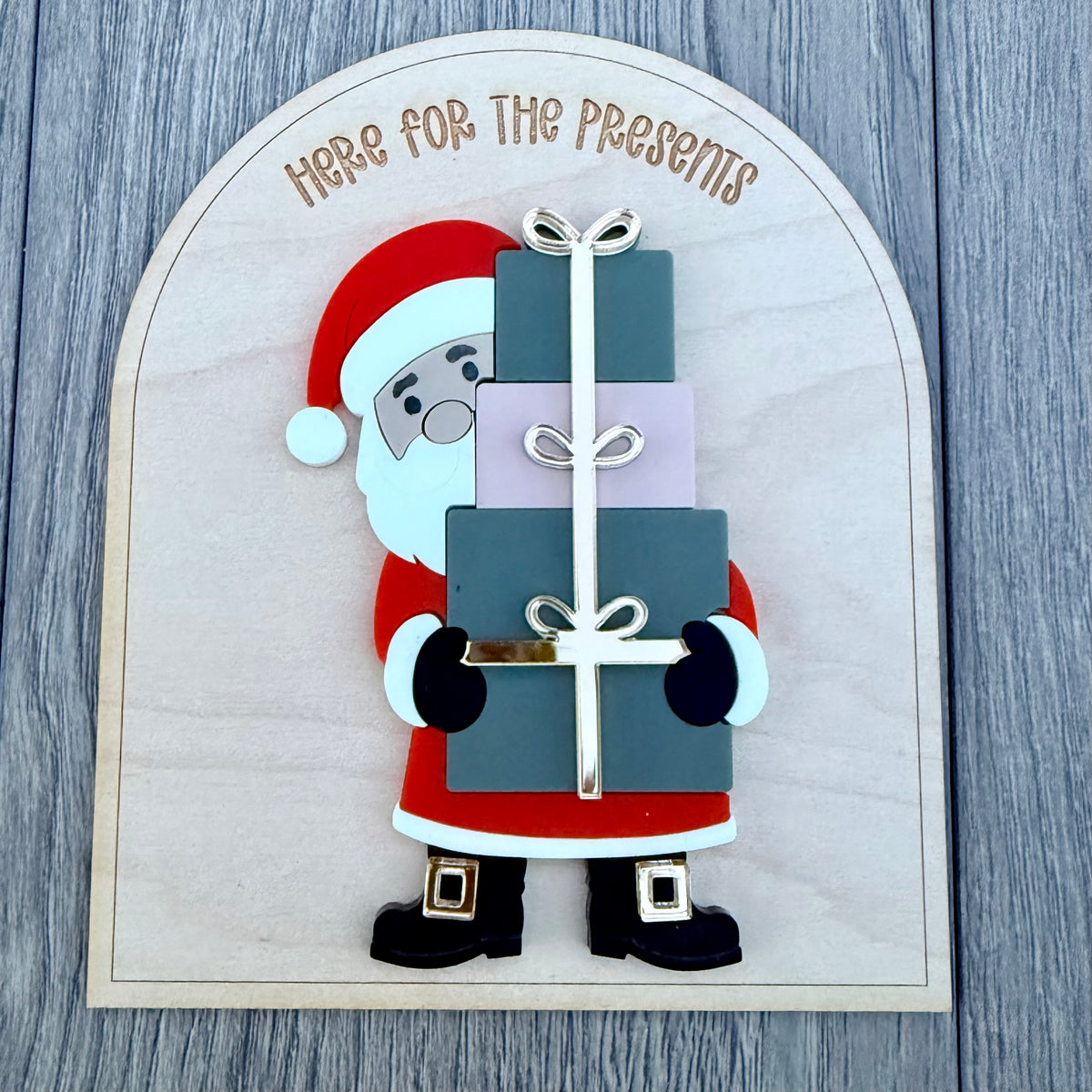 Personalised Here For The Presents Sign | Acrylic Peeking Santa Plaque | Christmas Decor