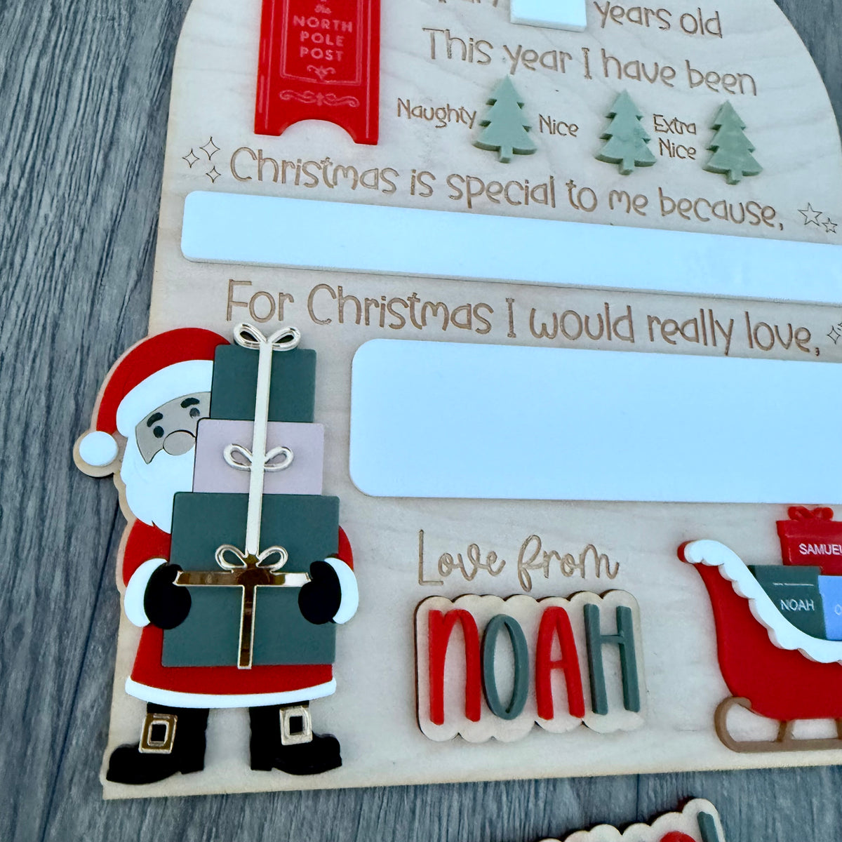 Personalised Dear Santa with Sleigh Board| Maple Wood with Reusable White Board | Letter to Santa