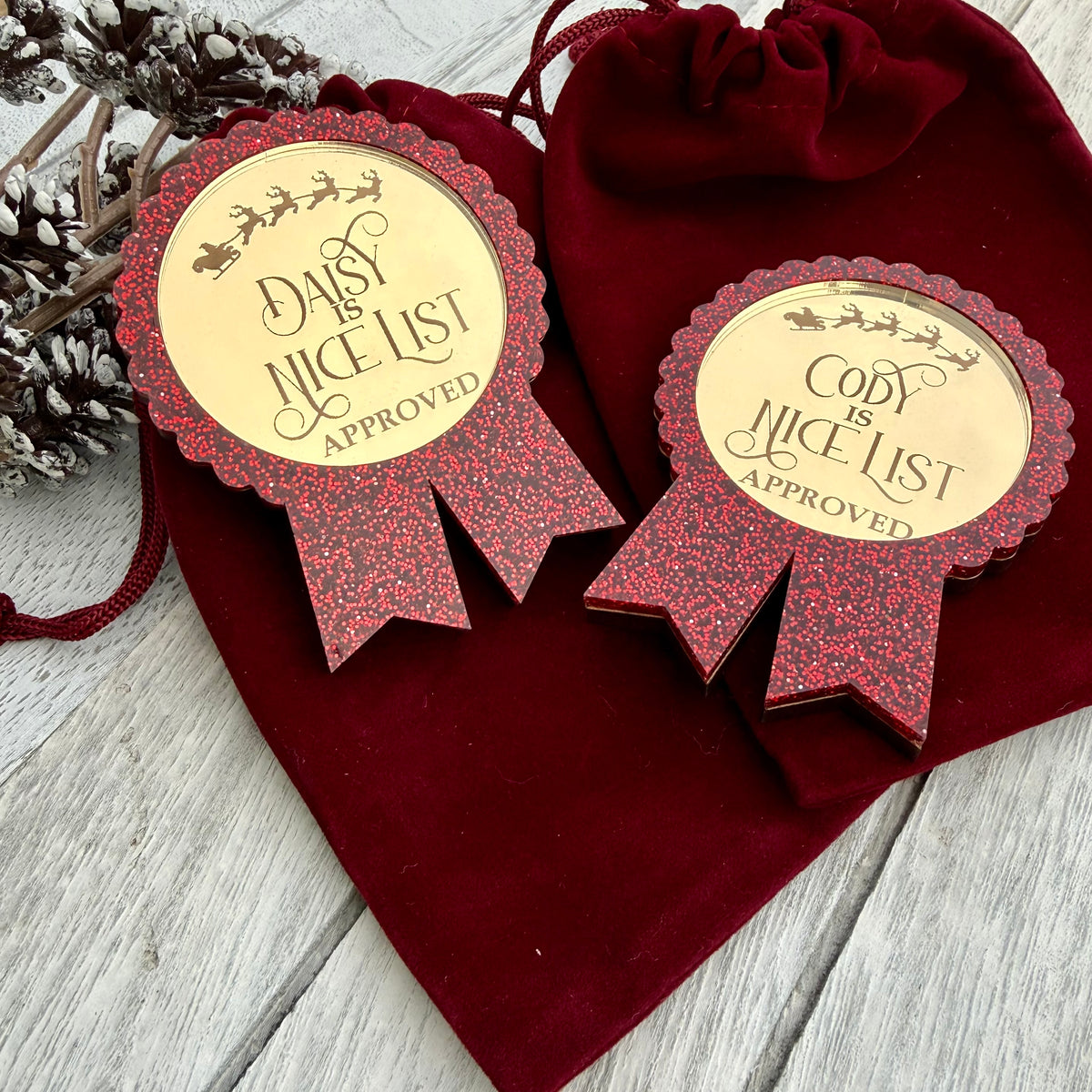Personalised Santa’s Nice List Gold Medal Rosette Award with Velvet Pouch | Christmas Eve Box Filler