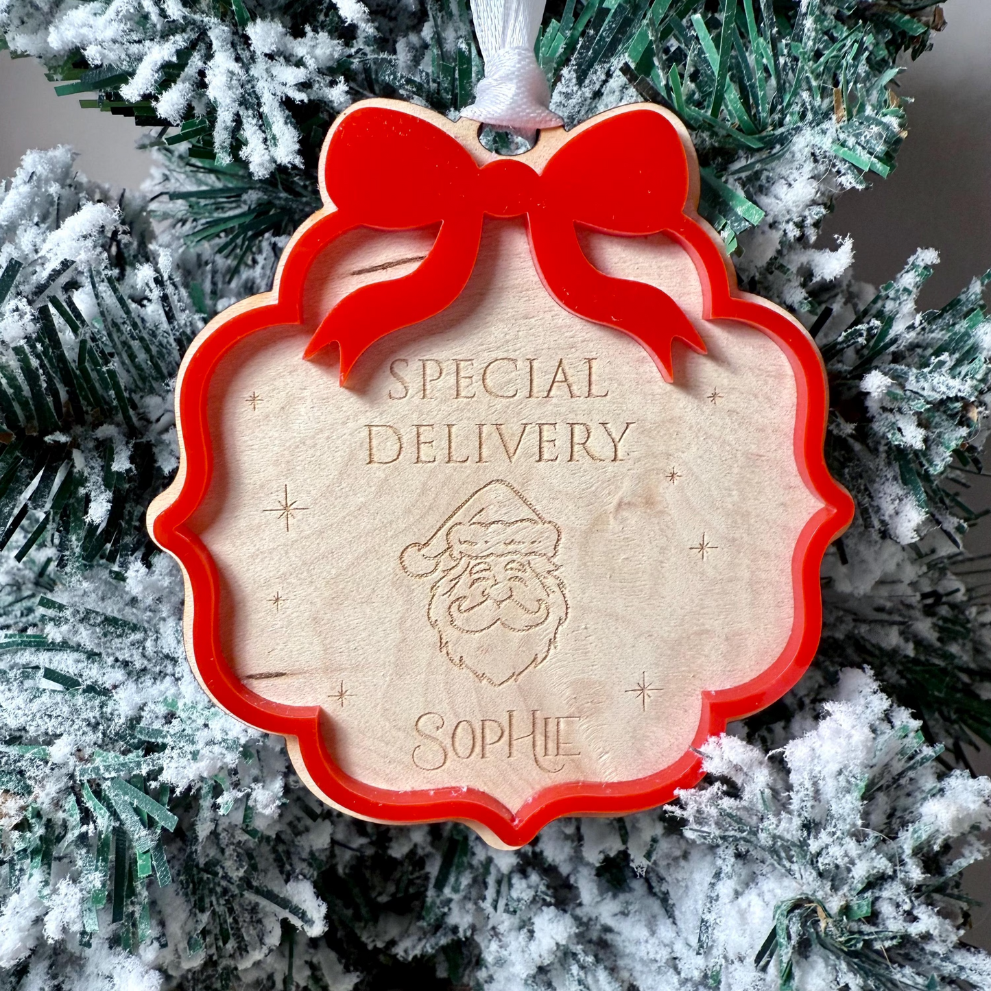 Personalised Father Christmas Stocking Gift Tag with Bow surround