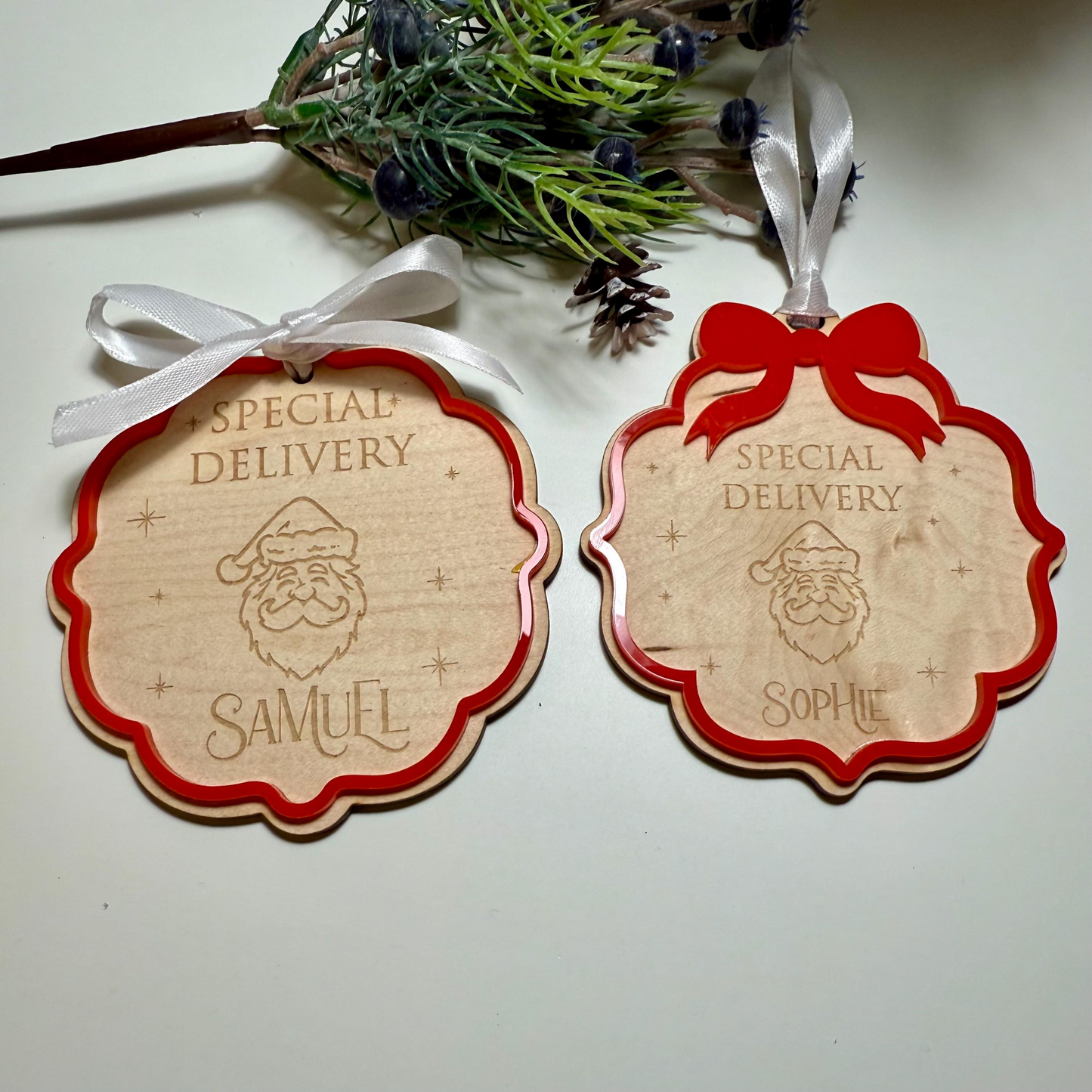Personalised Father Christmas Stocking Gift Tag with Bow surround