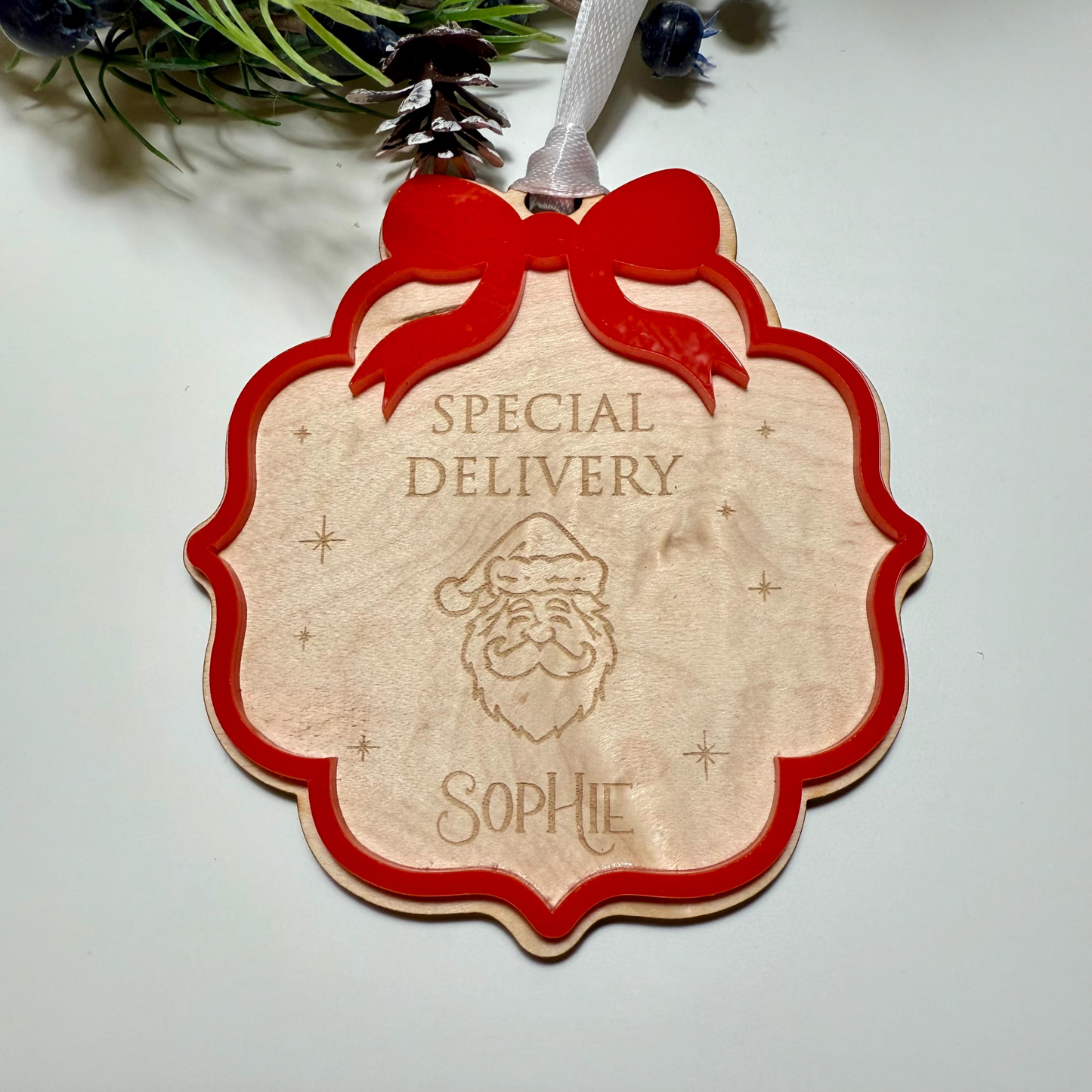 Personalised Father Christmas Stocking Gift Tag with Bow surround