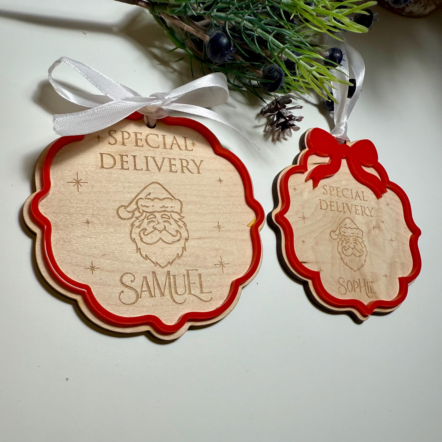 Personalised Father Christmas Stocking Gift Tag with Bow surround