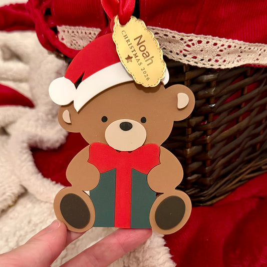 Personalised Teddy Bear Holding Present Christmas Stocking Tag | Christmas Delivery Decoration 2026