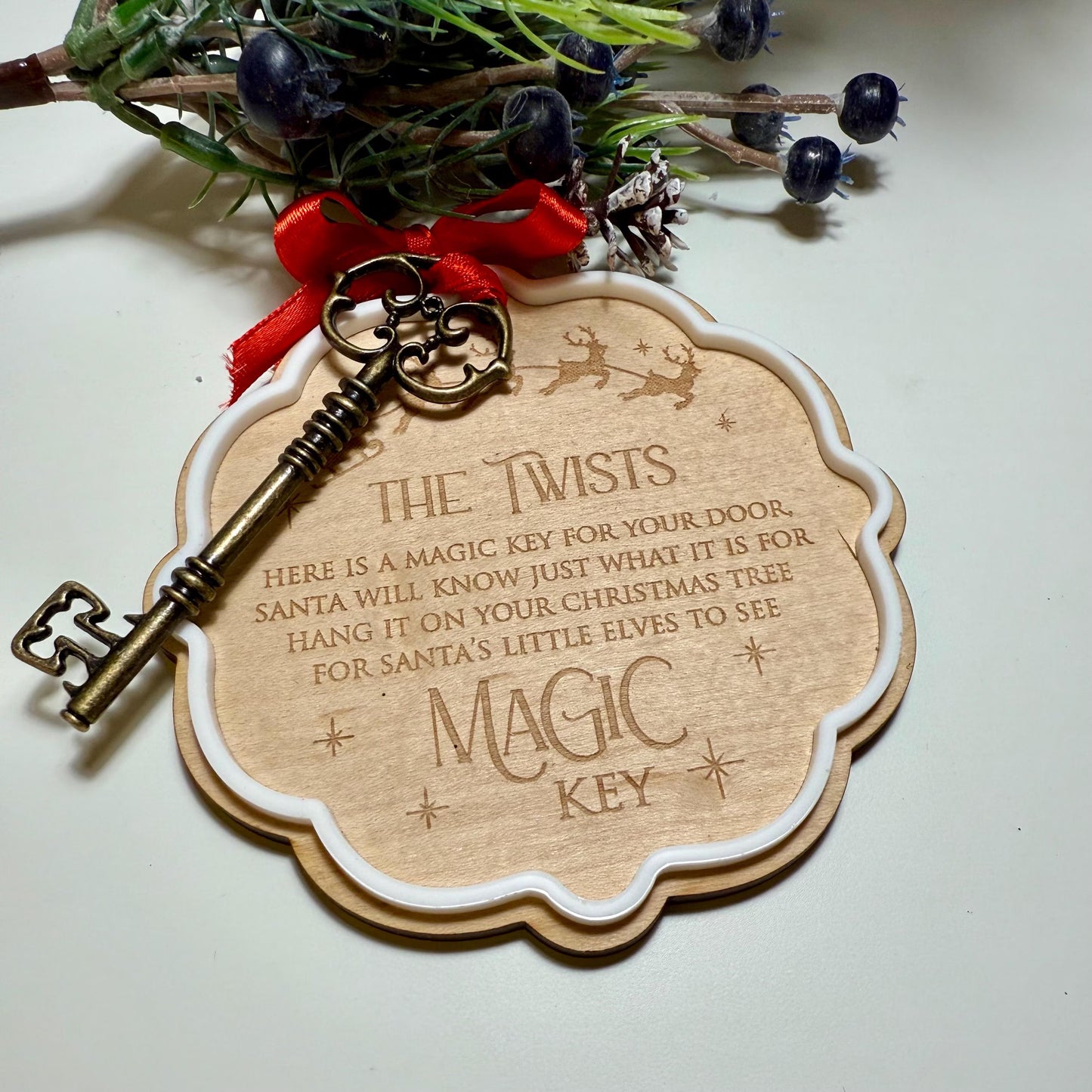 Personalised Christmas Tags Set of Three with Believe Bell Magic Key and Reindeer Food Bag