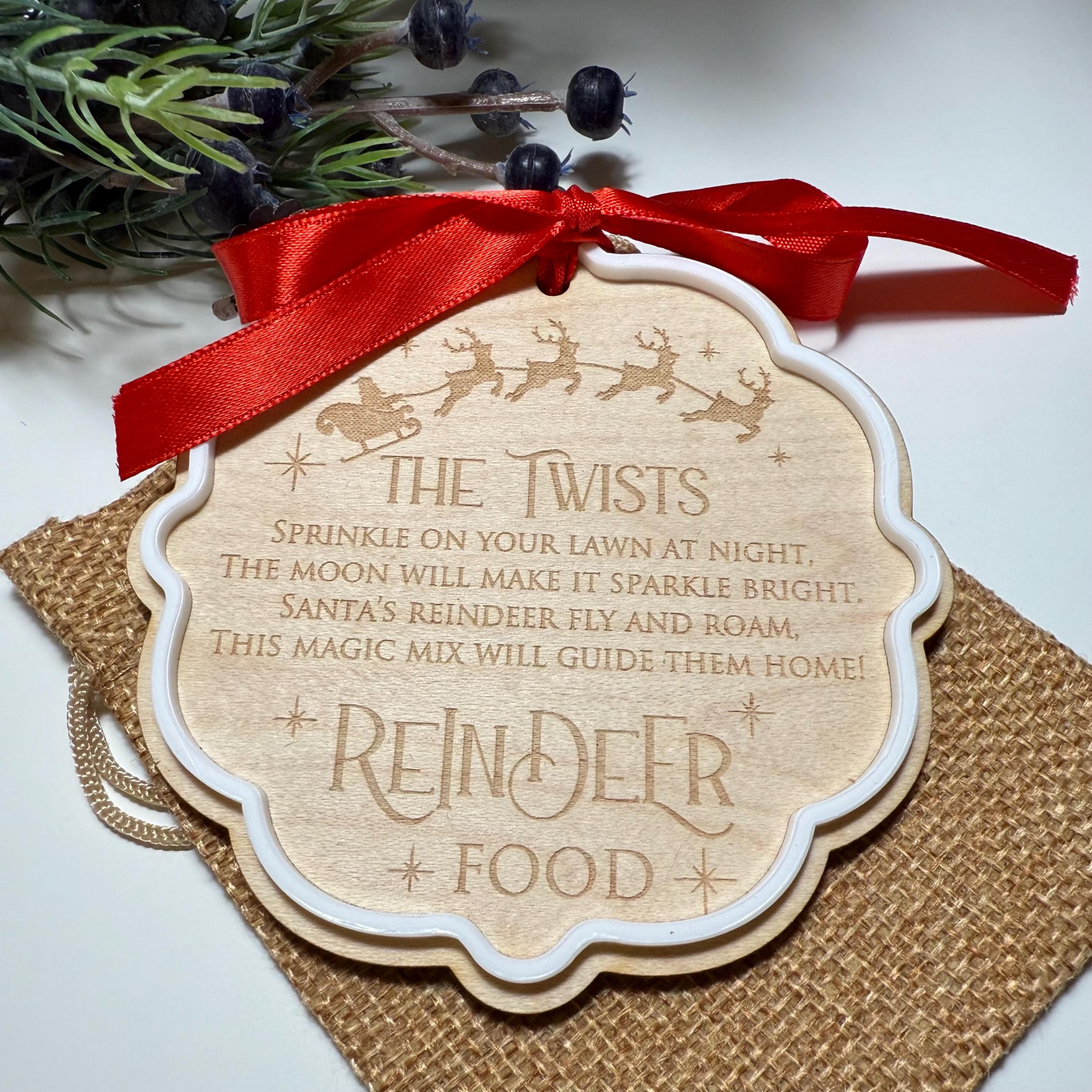Magical Reindeer Food Set – Maple Wood Tag, Hessian Bag Ribbon