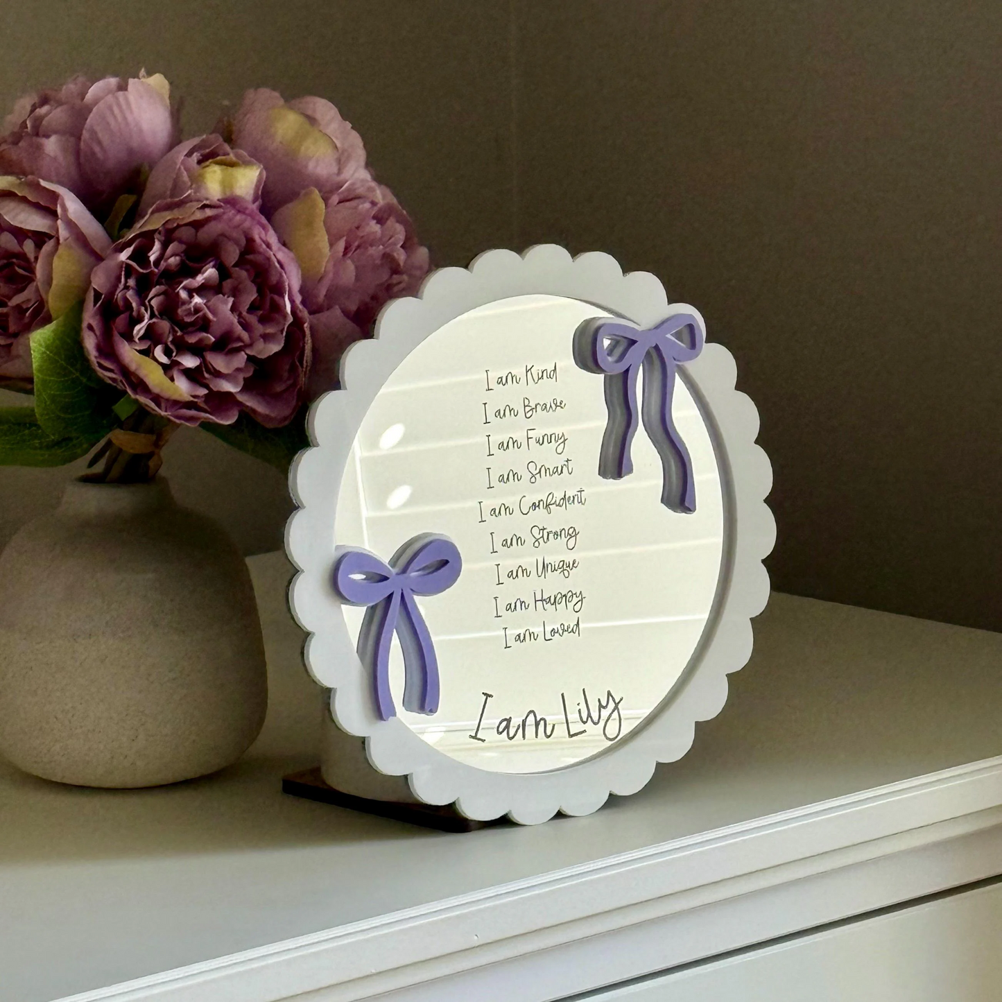Personalised Affirmation Mirror with Bow Design for Child’s Bedroom Scalloped