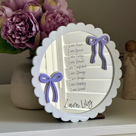 Personalised Affirmation Mirror with Bow Design for Child’s Bedroom Scalloped