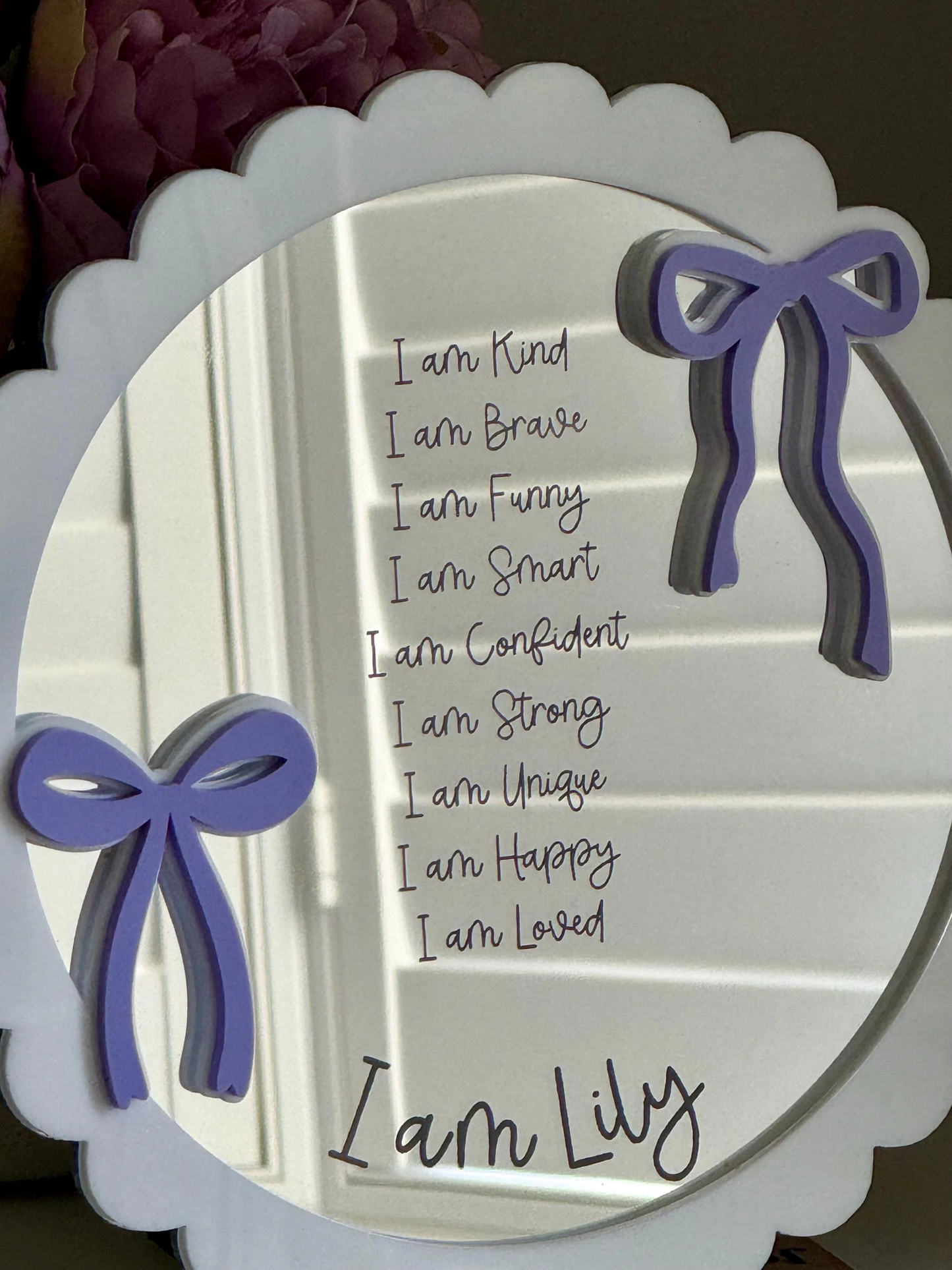 Personalised Affirmation Mirror with Bow Design for Child’s Bedroom Scalloped