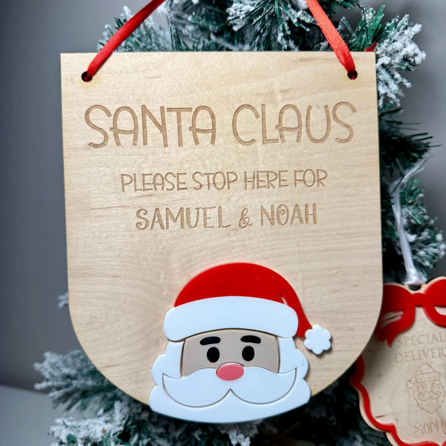 Personalised Santa Stop Here Sign | Maple Wood with Acrylic Santa