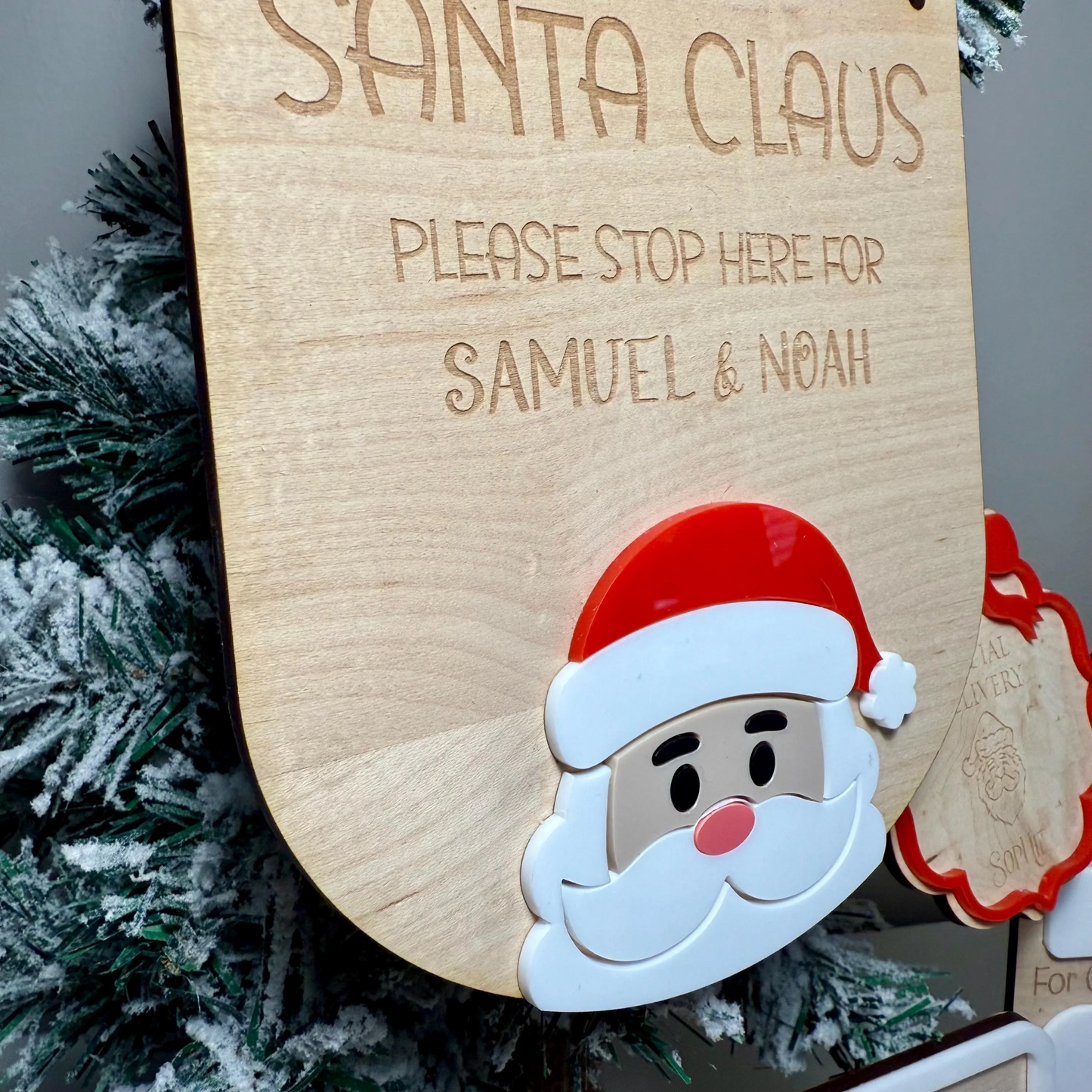 Personalised Santa Stop Here Sign | Maple Wood with Acrylic Santa