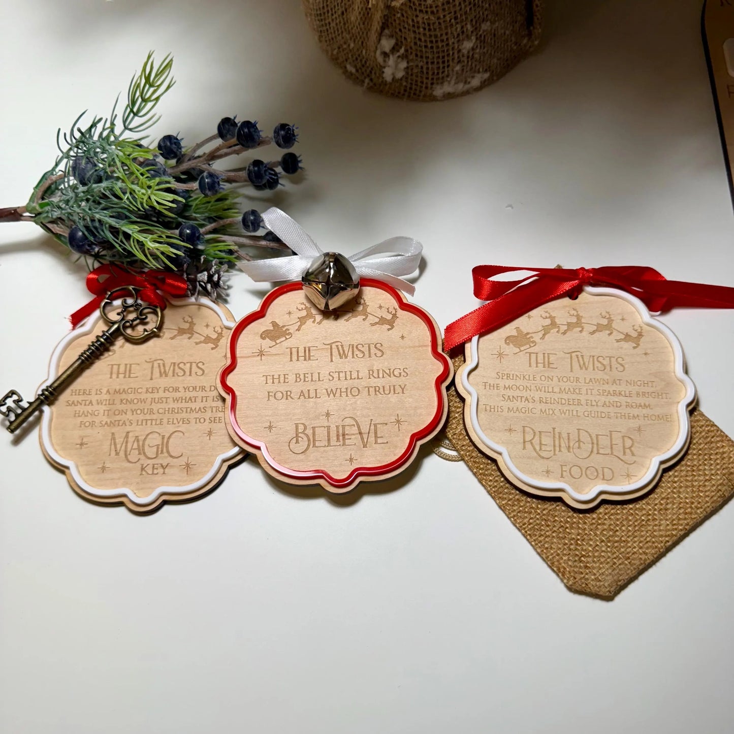 Personalised Christmas Tags Set of Three with Believe Bell Magic Key and Reindeer Food Bag
