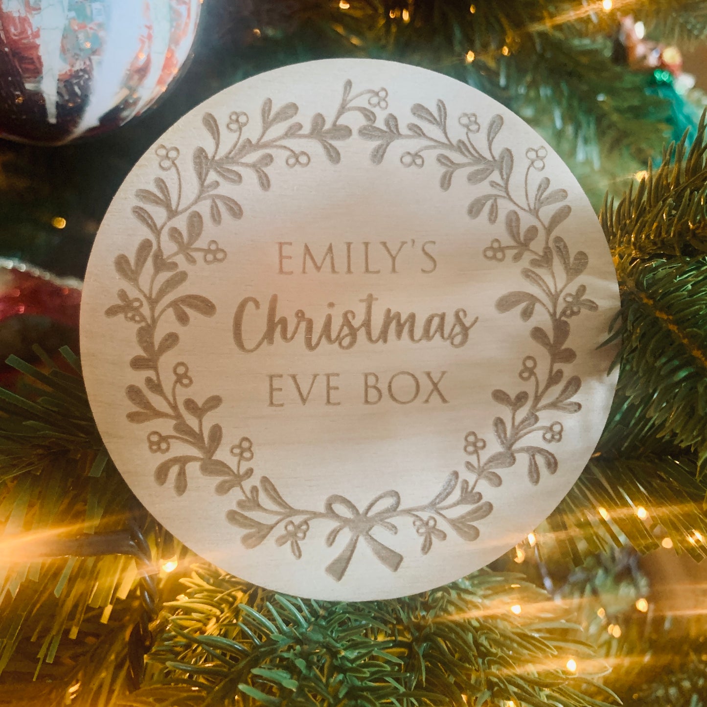 Personalised Christmas Eve Box Topper Circular Mistletoe Design