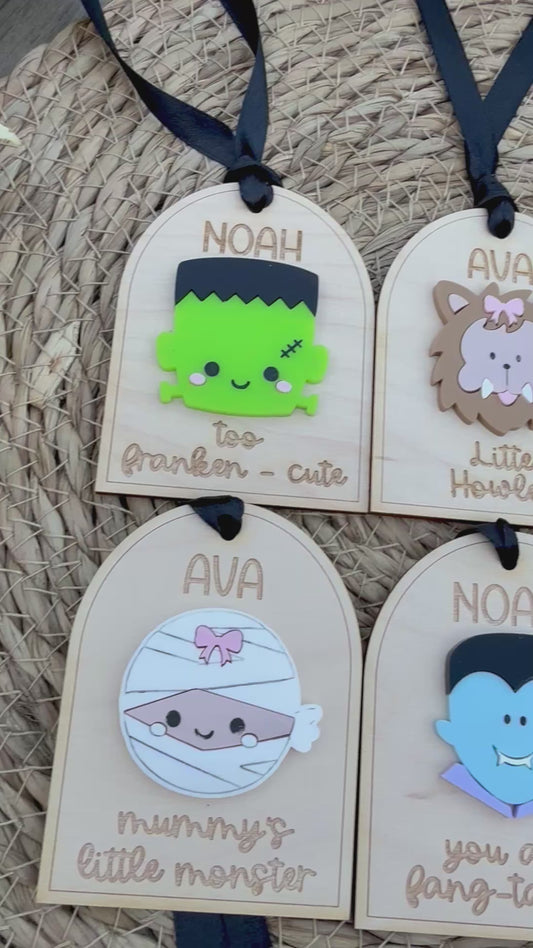 Personalised Mini Monster Boo Basket Tags | Engraved Halloween Name Tag | Frankenstein | Werewolf | Mummy | Vampire