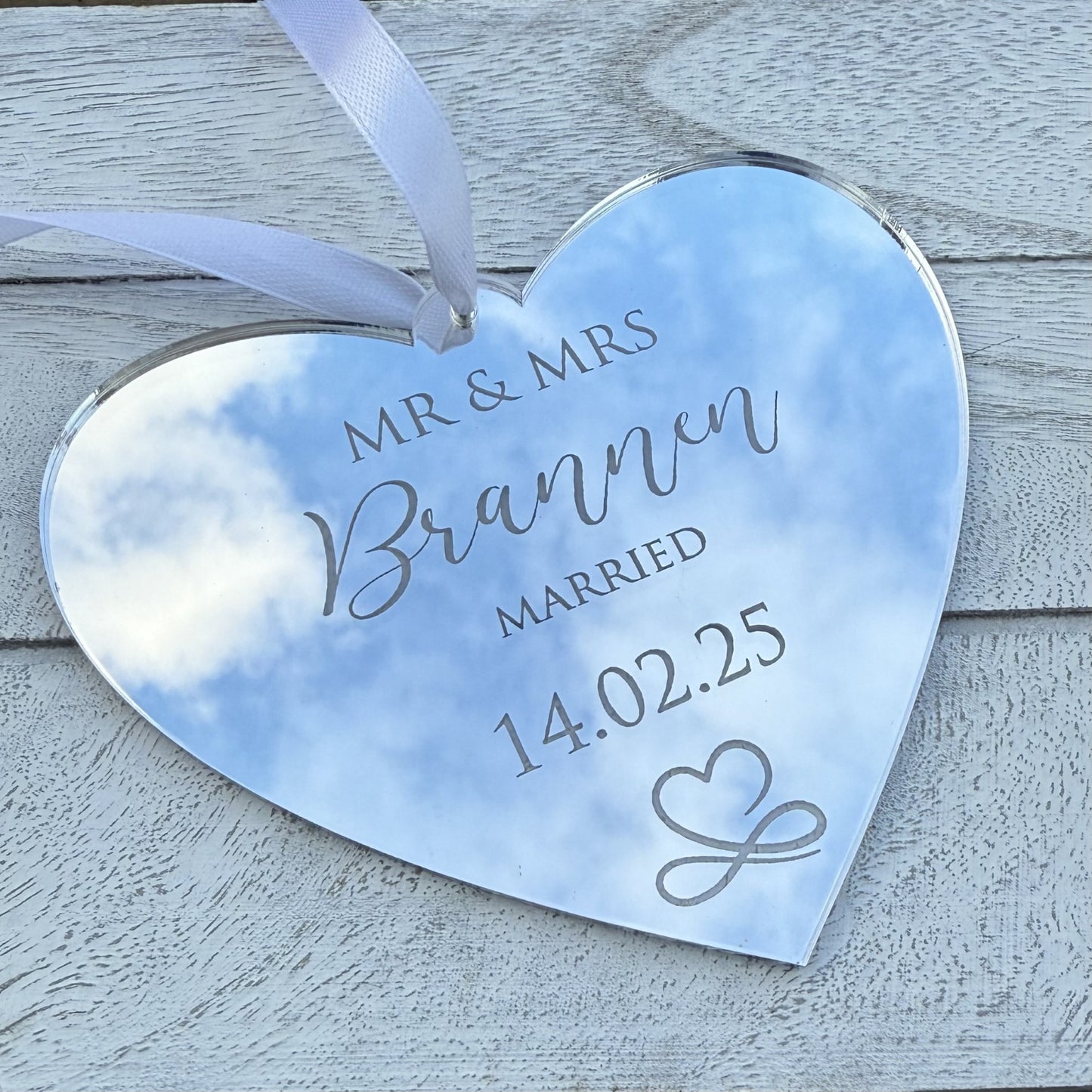 Personalised Mirrored Acrylic Heart – Wedding Gift Keepsake with Names & Date