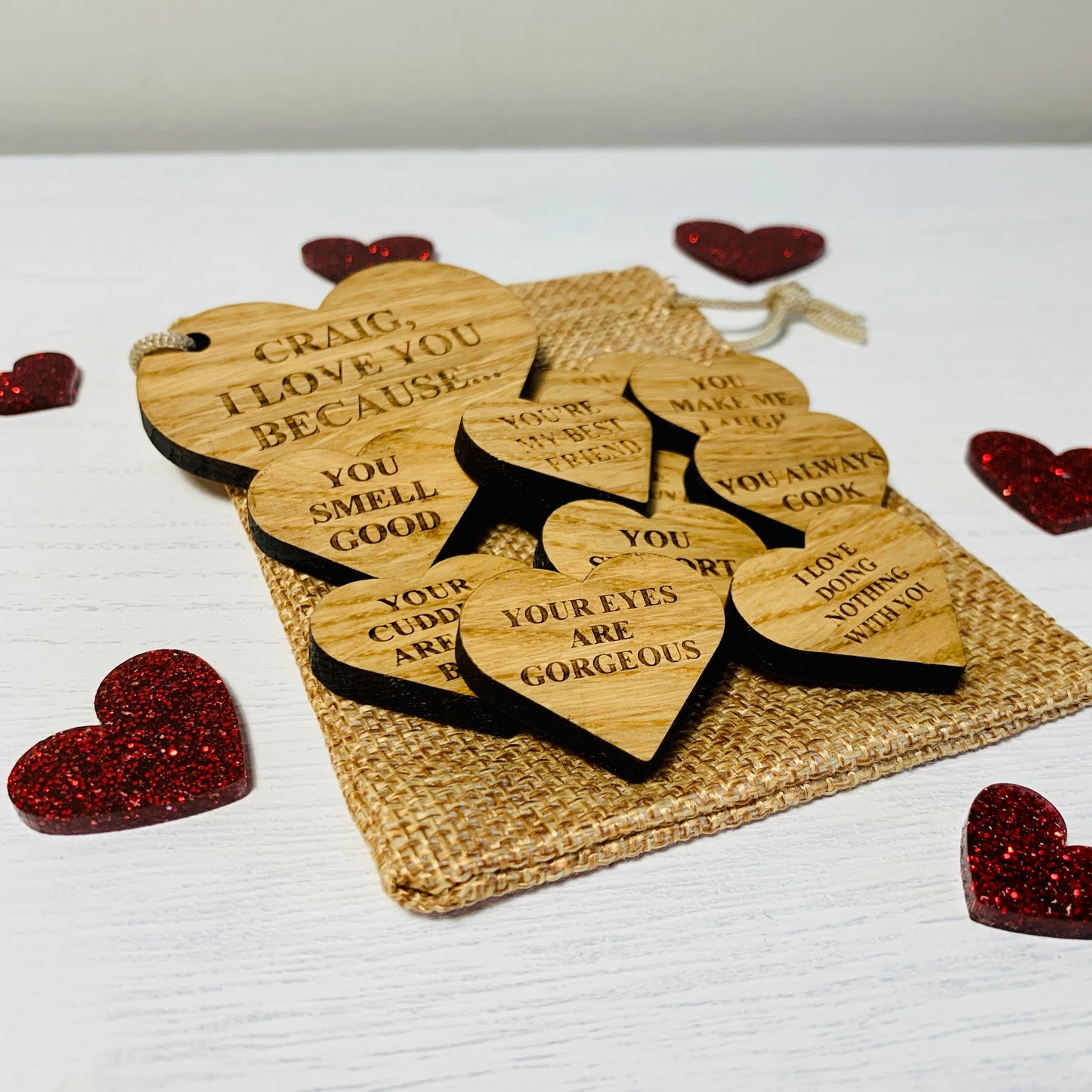 Personalised Ten Reasons I Love You Oak Heart Tokens